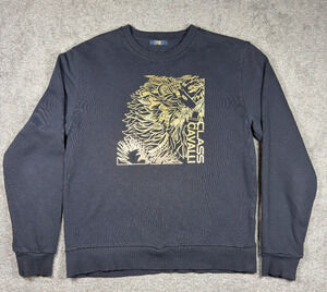 Roberto Cavalli Class Mens L Sweatshirt Black Gold Lion Graphic Print Crewneck